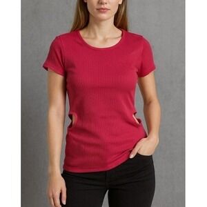 Electric Behaviour Women's Raspberry Pink Ribbed Cutout Crew Neck Top NWT XS
